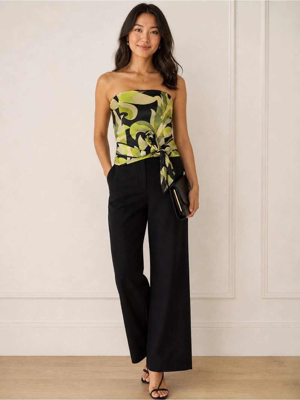 Kay Unger New York Silk Belted Bustier Top Tropical Green Black Print Size 10